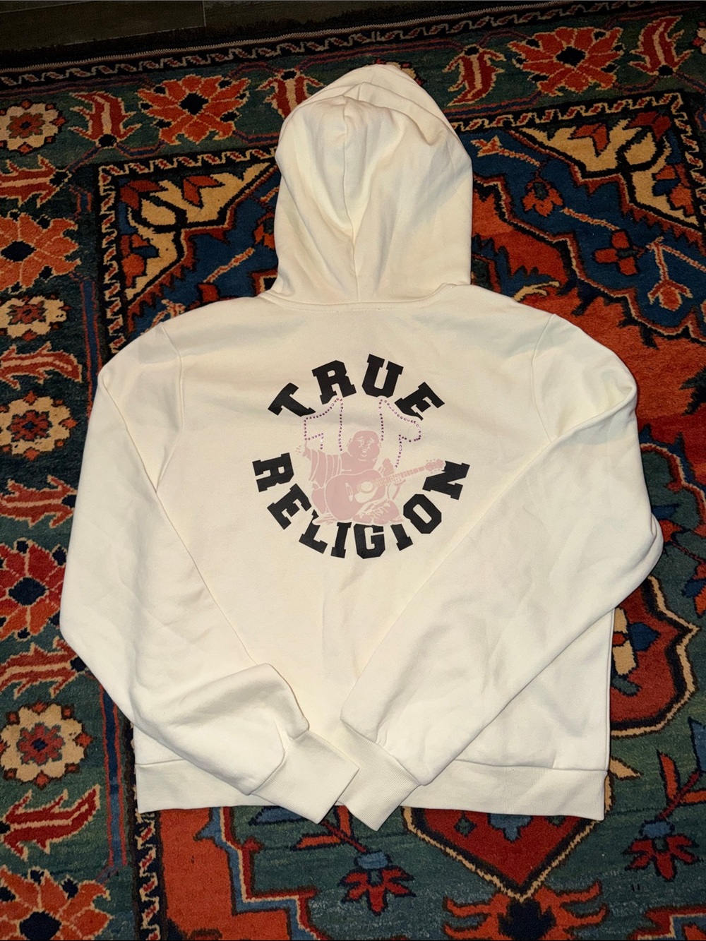 True Religion Pink Buddha Rhinestone Logo Full Zip Jacket Cream~ XL